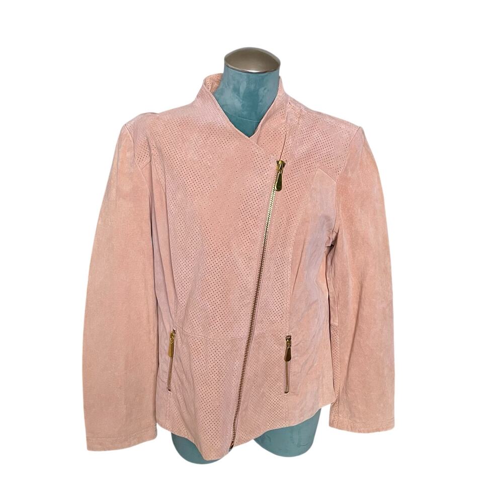 Queen Collection Perforated Genuine Leather Moto Jacket XL Pink Asymmetrical Zip